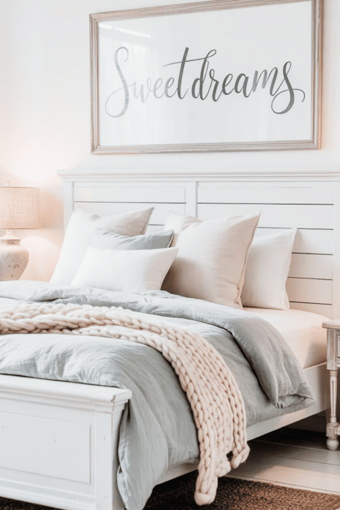 a cozy bedroom with a sweet dreams wall art hanging above the bed