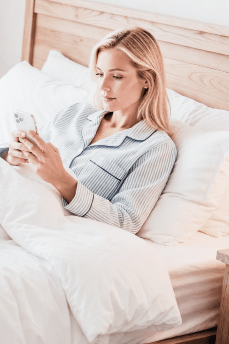 a woman laying in bed looking at her phone