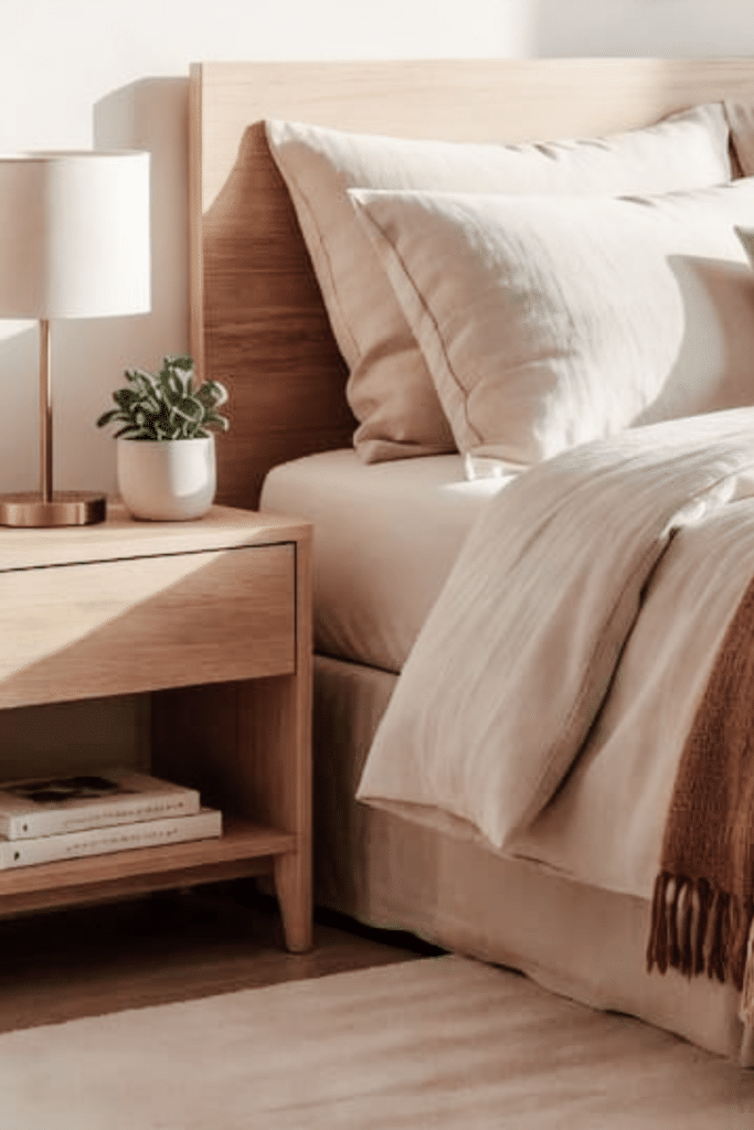 Natural textures Boho bedroom light wood nightstand with lamp and small plant
