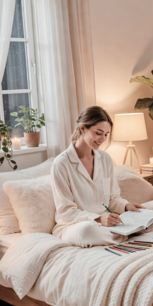 a woman coloring in her bed as part of her relaxation night routine at bedtime