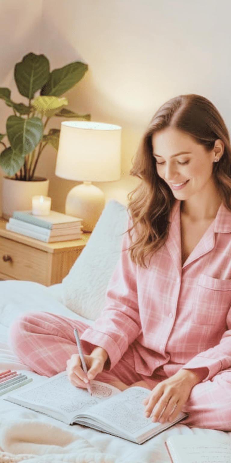 a woman sitting on her bed relaxing and coloring