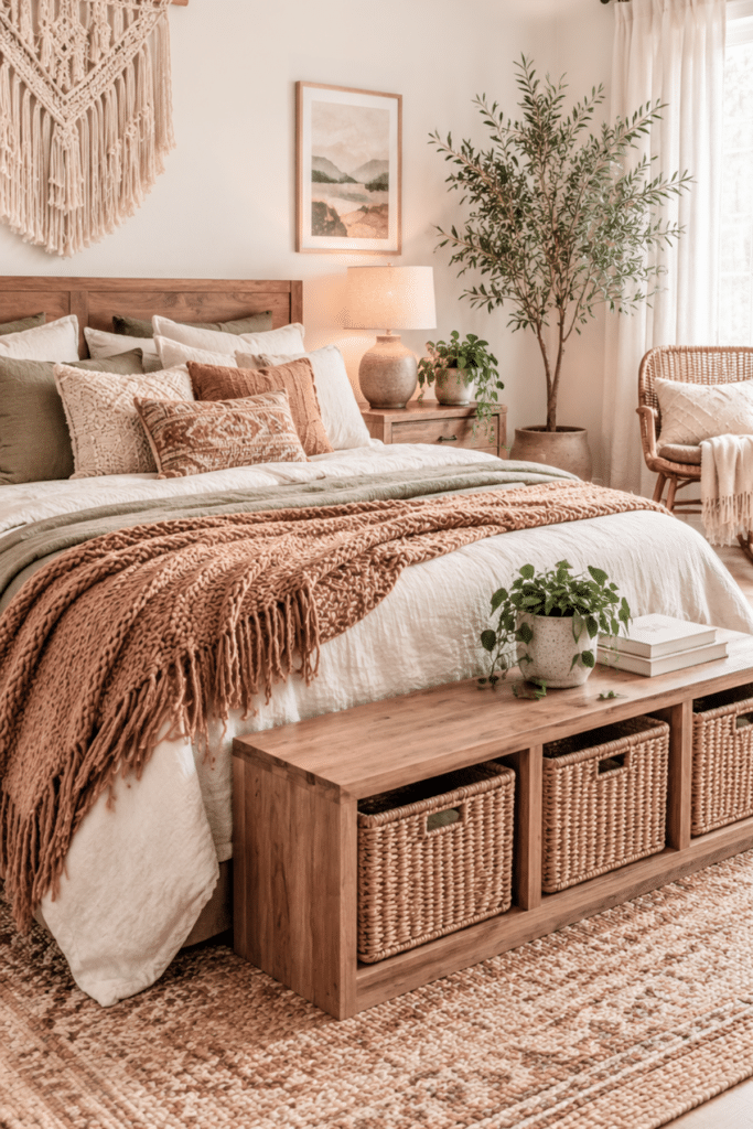 a beautiful boho bedroom with minimalist decor to create a sleep sanctuary