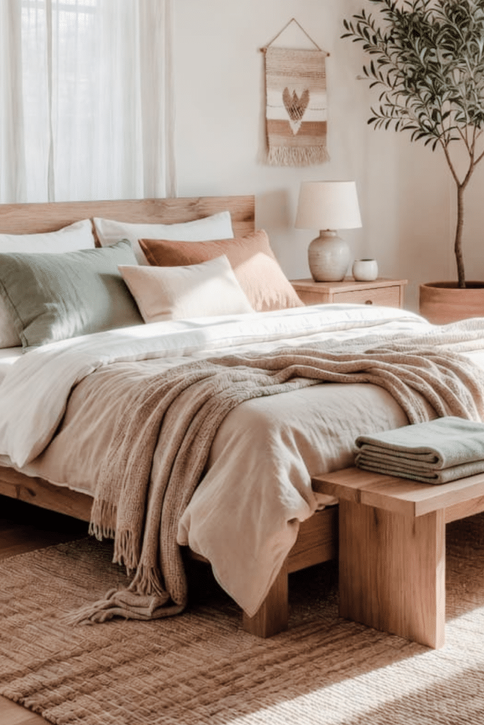 a boho bedroom with a fake tree in the corner