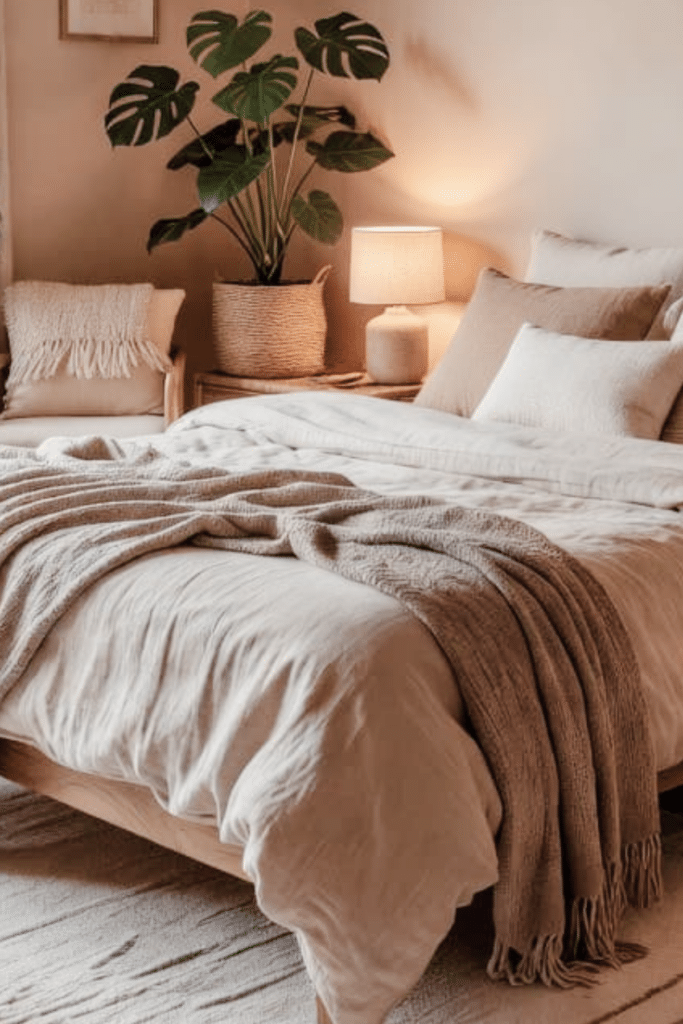 a modern boho bedroom with a plant and reading chair in the corner