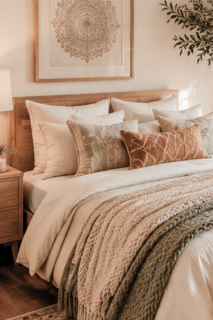 boho bed with wall hanging above the headboard