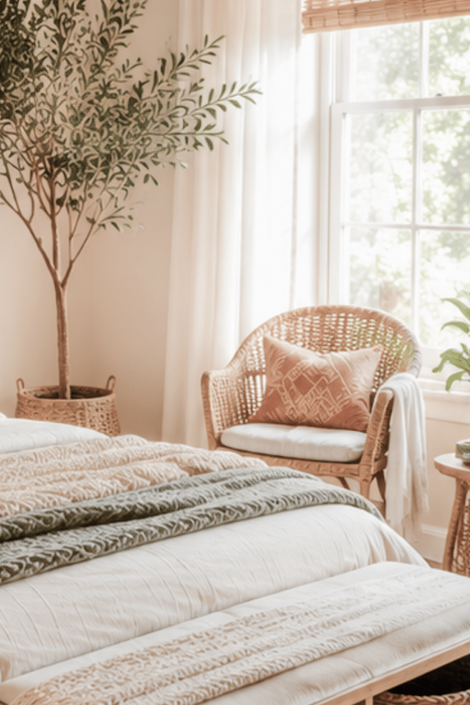 gorgeous curtains for a boho bedroom with a chair near the window
