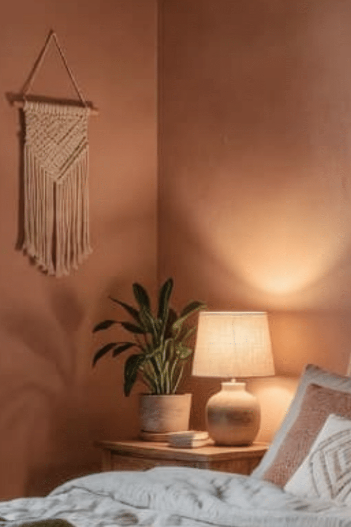 simple boho bedroom wall hanging next to the bed