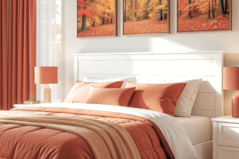 Fall Bedroom Decor with framed art above the bed