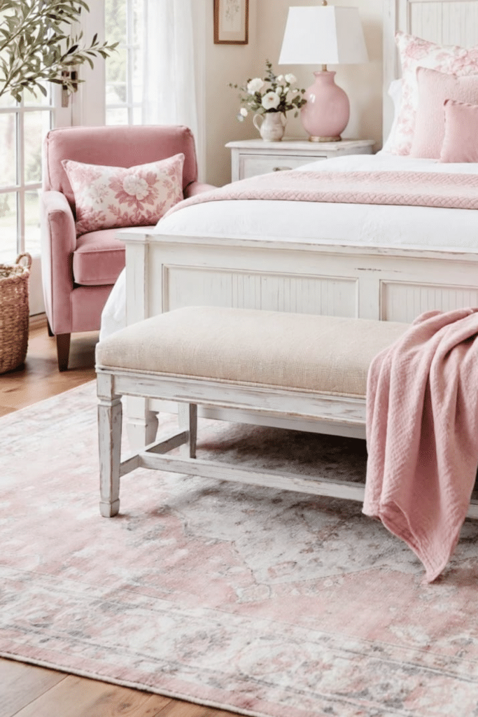pink bedroom with chair
